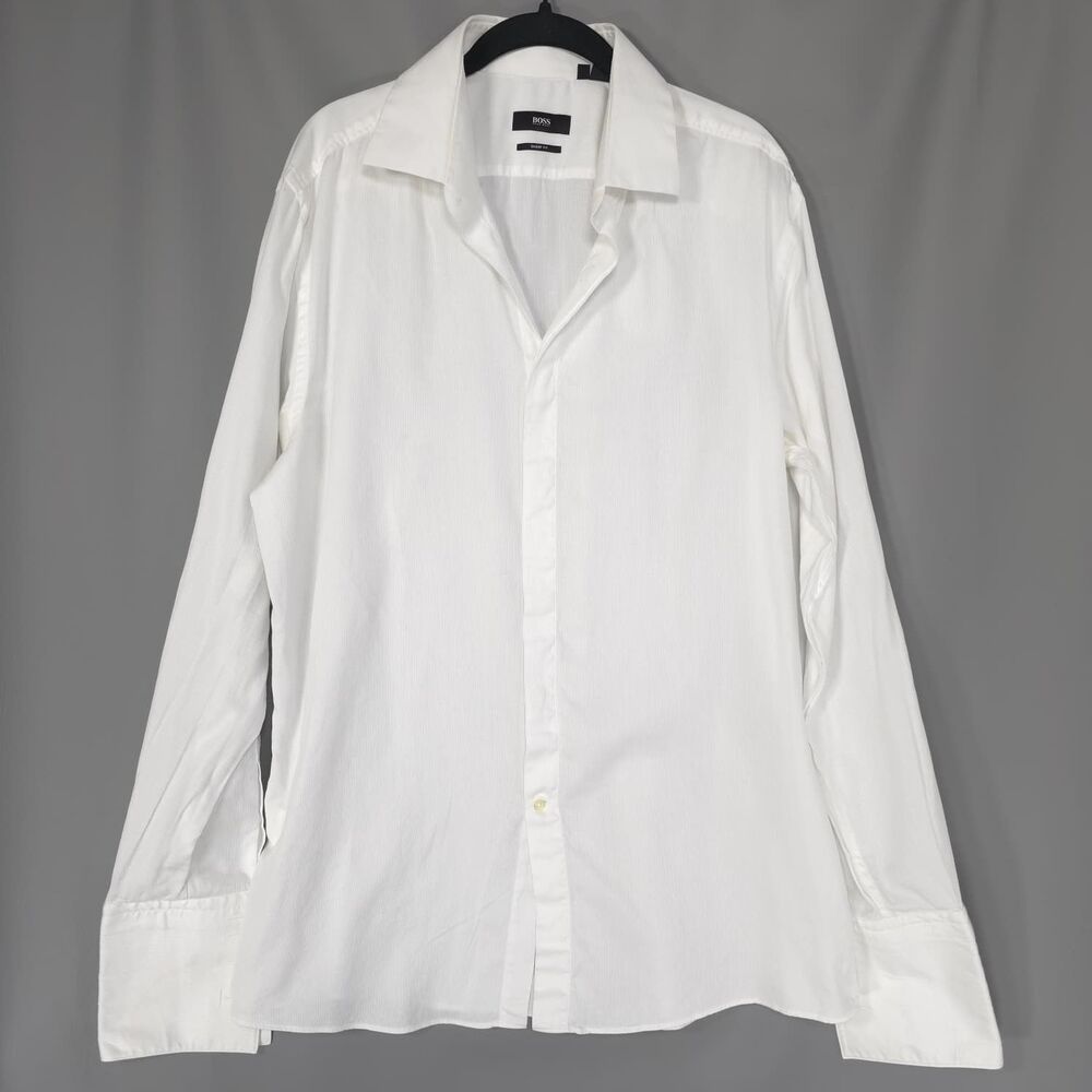 HUGO BOSS Men's Sharp Fit Dress Shirt White 17.5‎ L 100% Cotton Button Up